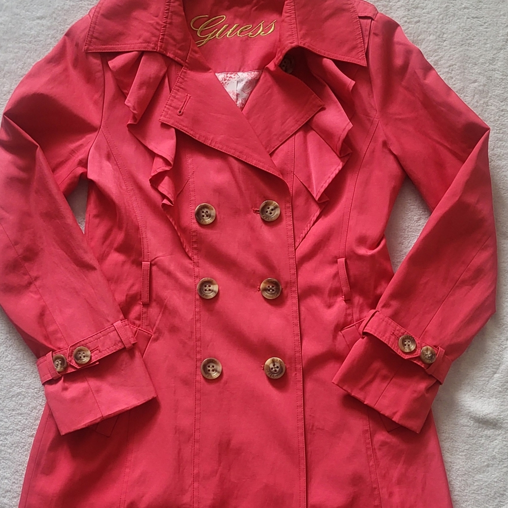Guess Coral Pink Tailored Trench Coat with Ruffled Lapel Size M **NO BELT**